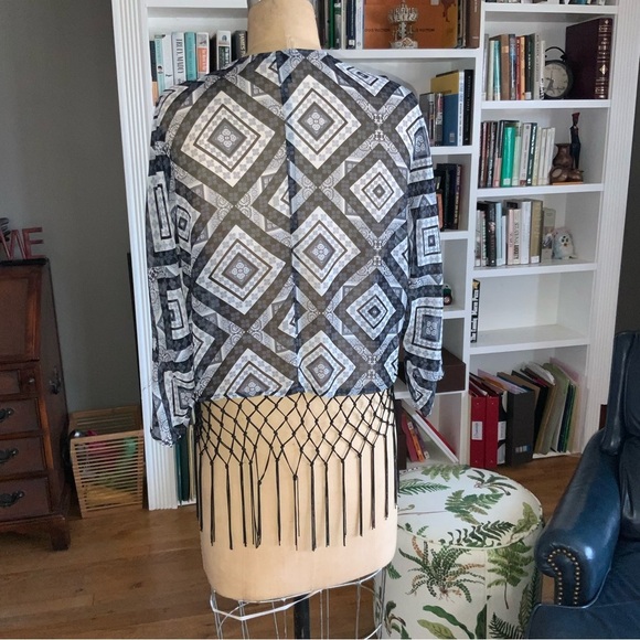 Aqua sheer black, white, grey cover up with fringe. Size S - Picture 2 of 4